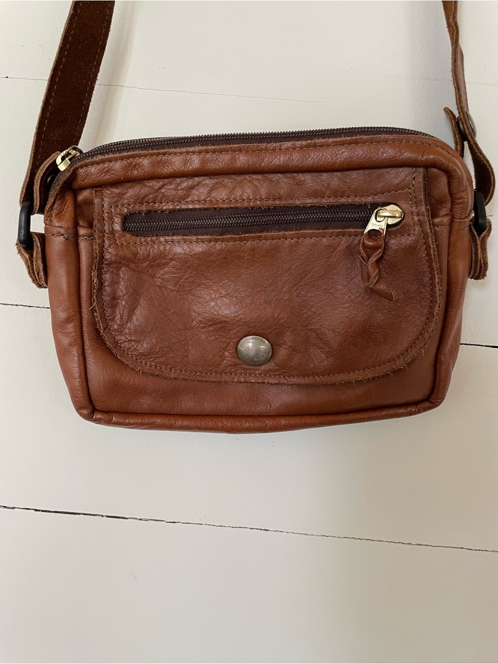 Down Home Brown Leather Pouch With Three Compartments and Adjustable Strap